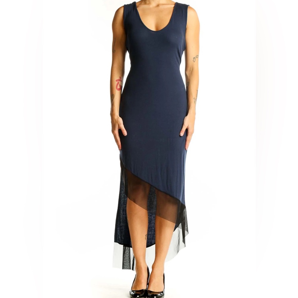 BCBGMaxAzria Navy Asymmetrical Mesh Hem Dress Sz L